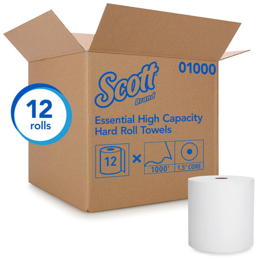 Scott® Essential Universal High-Capacity Hard Roll Towels (01000), with Absorbency Pockets™, 1.5" Core, White, (1,000'/Roll, 12 Rolls/Case, 12,000'/Case)