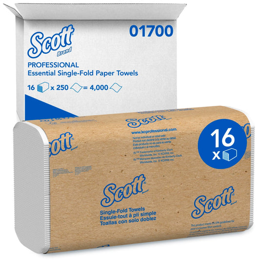 Scott® Essential Single Fold Paper Towels (01700), Affordable Towel Paper, White, 250 Towels / Clip, 16 Clips / Case
