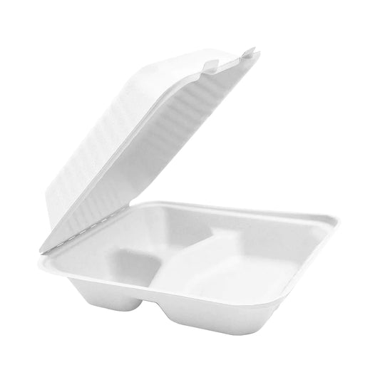 Compostable Hinged Containers with Compartments, White, (pack of 200)
